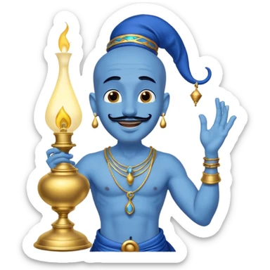 Blue skinned genie with a black goatee and gold bracelets coming out of a lamp from Disney’s Aladdin  sticker