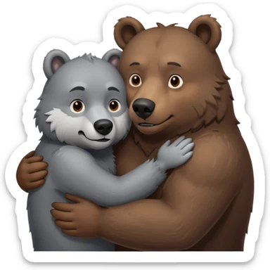 A beefy brown bear cuddling a grey wolf. Both of them are males and in love.  sticker
