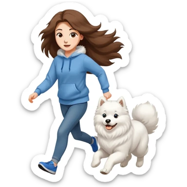 A beautiful girl with long hair wearing a sweatshirt and jeans is running with a Samoyed sticker