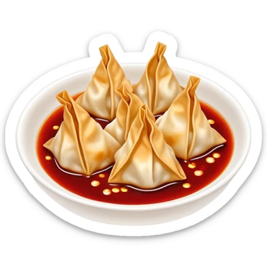 Chengdu Long Chaoshou wonton with red oil sauce on top, simplified emoji style with bold outlines and bright colors, cartoon style Sichuan style wontons sticker