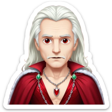 Dracula with long white hair, dark red sequin baggy pants, shirtless with necklace, dark red sequin cape sticker