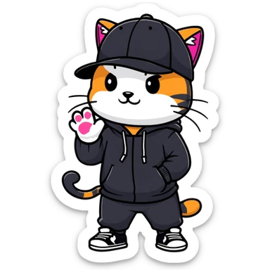 cat wearing a black snapback cap and black hoodie doing graffiti art with spray paint, street art style sticker