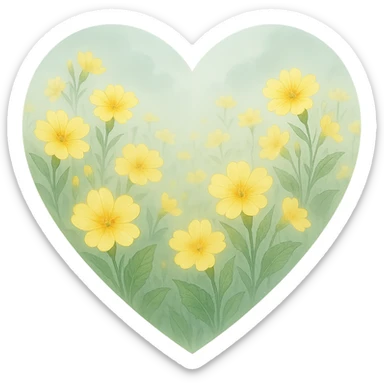 heart with a misty morning primrose field, clean digital illustration sticker