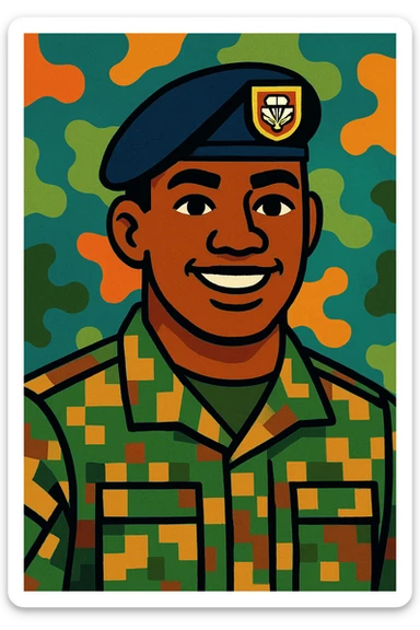 militar con uniforme pixelado boscoso, boina negra con emblema paracaidista, piel morena sticker
