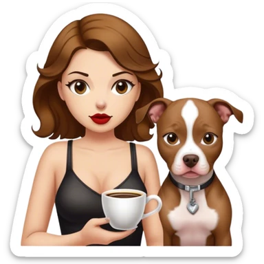 Chica de cabello ondulado sosteniendo a una perrita pitbull que tiene una manchas cafés en su cuerpo y en un ojo sticker