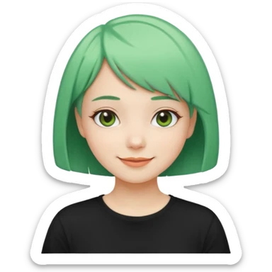 Girl with Mint Bob Cut – short green hair, cheerful smile, black t-shirt sticker
