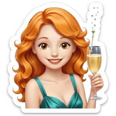 A shy young woman with orange wavy hair gently takes her first small sip of champagne, smiling with excitement. sticker
