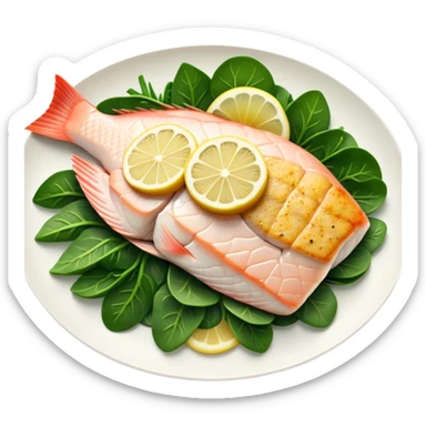 Cinematic fresh snapper fillet, pan-seared to golden perfection, soft and flaky texture, resting on a bed of sautéed greens, warm glowing background, refined and elegant. sticker