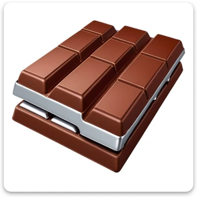 3D Apple emoji style chocolate bar, half unwrapped in shiny red and silver foil, smooth and glossy chocolate surface with visible square segments, rich brown color, minimal and clean design, no face or branding, soft shadows, high-quality render, isolated on a white background sticker