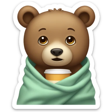 Cute little bear wrapped in a blanket drinking coffee sticker