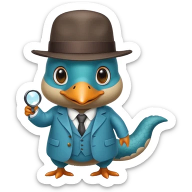 cute light blue turqiouse platypus with a detective hat and monocle on his eye, no  hands, looks like a platypus but blue, the hat and suit are not blue sticker