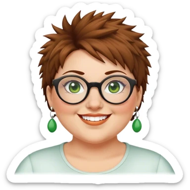  plus size white women round nose with short  brown shaggy spiked hair wearing glasses green eyes smiling sticker