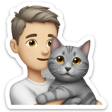 Boy with short hair cuddling grey British short hair cat sticker