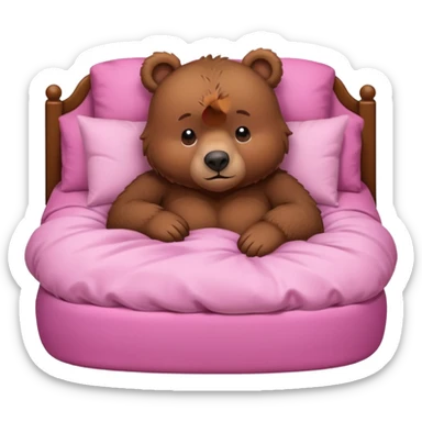 A cute brown bear in a pink bed, tucked in and looking forward, trying to fall asleep. sticker