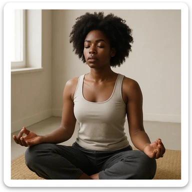 realistic style portrait of a black woman meditating, in a minimalist interior with natural light sticker