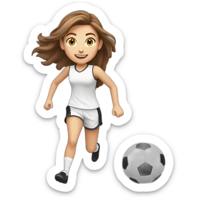 Caucasian girl with brown long hair running with a soccer ball wearing White short and black shorts sticker