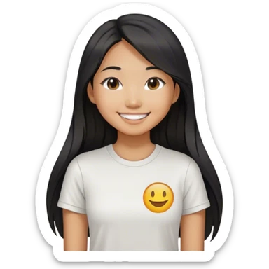 an asian girl smiling with straight black and long hair, slight waves, tshirt sticker