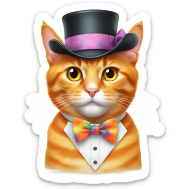 orange cat with tie-dye tophat and bow tie sticker