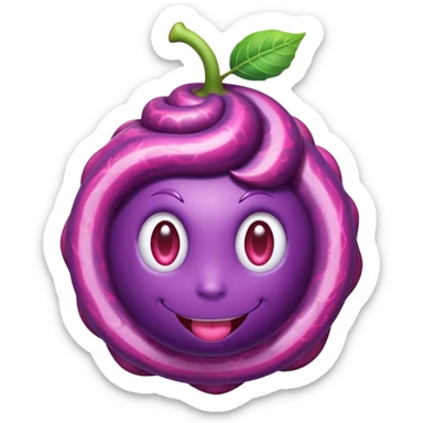 A cute anime-style purple devil fruit with pink spiral patterns, a curly swirl stem on top, glossy texture, simple shading, emoji style, centered on a plain background. sticker