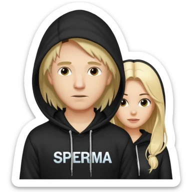 chce by to byla taka emotka 🙍‍♂️
chlopaka z czarnymi losami i czarna bluza z biaty.m
napisem "sperma" na srdoku i zeby za nim stala taka ladna blondynka z dlugaimi wlosami i ona  ciagnaca za sznurek od
kaptura od bluzy tej pierwszej osobyl sticker