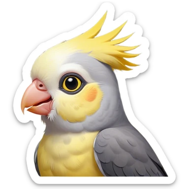 Cinematic Cute Cockatiel Portrait Emoji, Head tilted playfully and inquisitively, featuring a smooth grey fur with bright yellow accents and a perky crest, round, sparkling dark eyes filled with curiosity, Simplified yet irresistibly adorable features, highly detailed, glowing with a warm, friendly glow, high shine, affectionate and lively, stylized with a touch of whimsy, bright and endearing, soft glowing outline, capturing the essence of a mischievous yet loving cockatiel, so playful it feels like it could chirp out of the screen and into your arms! sticker