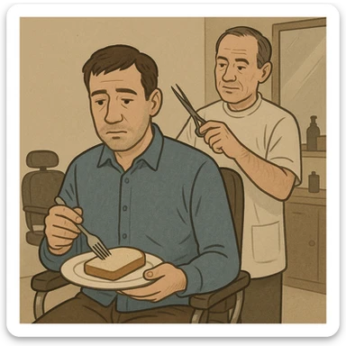 sartarosh xona bunaqa zur darajada bulmasin keyin shunchaki tarelka v vilka ushlab utirsin tarelkada esa faqat non bulsin kayfiyati xam urtacha bulsin xursan bob ketmasin sticker