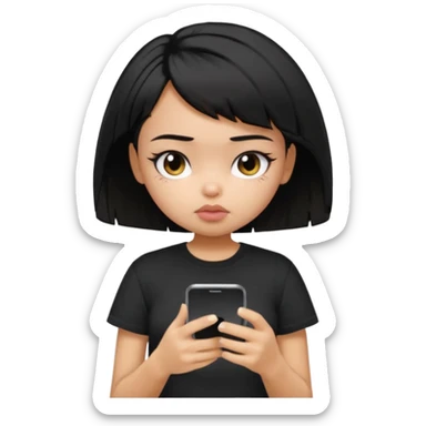 generate a pretty bratz girl with short black messy hair, looking tired and using her phone, wearing an oversized black tshirt sticker