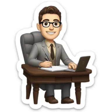 Pale skinned Fit Man With dark brown hair in gray jacket, beige office shirt and vintage glasses sitting In a soft chair with a notebook with emblem Ψ and a pen in his hands sticker