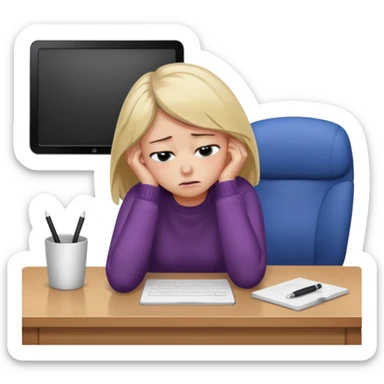 A woman wearing a jumper experiencing burnout, exhausted and overwhelmed, tired eyes, slumped posture, sitting at a desk, iOS emoji style sticker