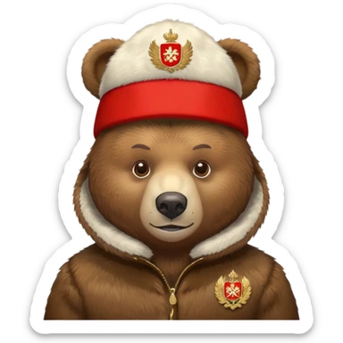 Russian brown bear wearing a red ushanka hat with Russian coat of arms emblem, front view, iOS emoji style sticker
