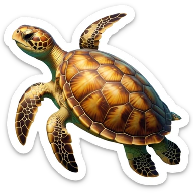 Cinematic Noble Sea Turtle Portrait Emoji, Poised and wise, with a majestic, domed shell adorned with rich, textured patterns and a smooth, ancient body gliding gracefully through the water, deep, reflective eyes exuding calm wisdom, Simplified yet sharp and sophisticated features, highly detailed, glowing with a soft, oceanic glow, high shine, intelligent and graceful, stylized with an air of timeless marine majesty, focused and serene, soft glowing outline, capturing the essence of a watchful and confident sea guardian that appears ready to glide out of the screen with effortless authority! sticker