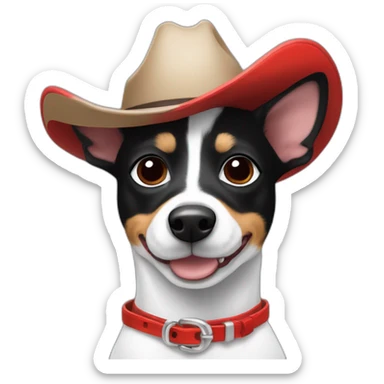 rat terrier wearing a cowboy hat and red collar smiling no brown (black and white) sticker