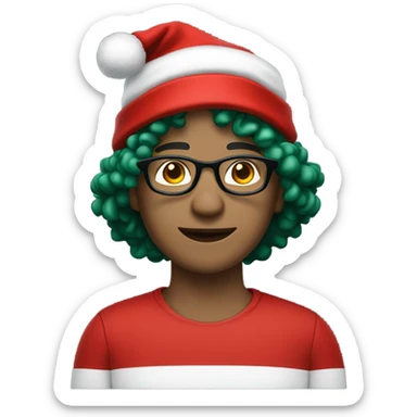 Unisex person ’light skin’ ’short curly dark green hair’ in a ’red Santa hat’ and black tshirt and round glasses  sticker