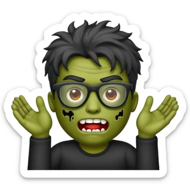 Crie um zumbi estilo emoji do iPhone com cabelo ondulado grande masculino com camiseta preta e óculos de grau preto sticker