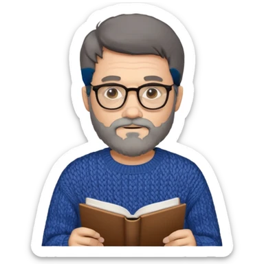 A man with a large gray beard, dark hair, and glasses, studying. sticker