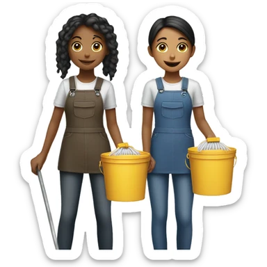 Two girls standing back to back holding mops ad buckets sticker