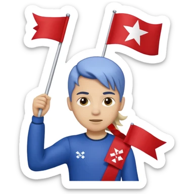 A pony tail hair boy holding a big team flag, waving it proudly with a determined expression. sticker