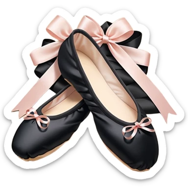 cinematic-realistic-ballet-shoes,-soft-satin-black-pointe-shoes-with-delicate-ribbons,-resting-gently-on-a-polished-wooden-floor,-subtle-creases-in-the-fabric,-glowing-under-the-warm-golden-light-of-a-rehearsal-studio,-evoking-ele sticker