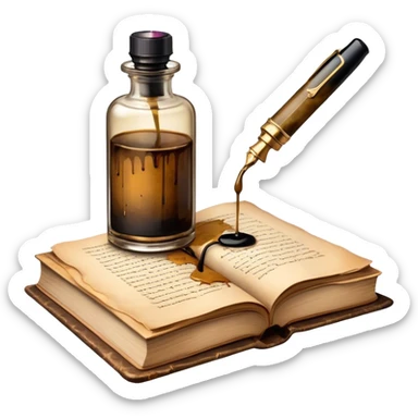 Create a vibrant emoji representing prose writing with an old-style, antique look. The design should include semi-turned pages of an old book with unfinished prose written on them. Add a vintage ink bottle (inkwell) and a classic fountain pen or quill with black or dark blue ink flowing onto the pages. Use warm, earthy tones like deep browns, golds, and creams for the book and ink bottle, with subtle ink splatters for an artistic touch. The overall style should evoke a sense of timeless storytelling and literary craftsmanship. Make the background transparent. sticker
