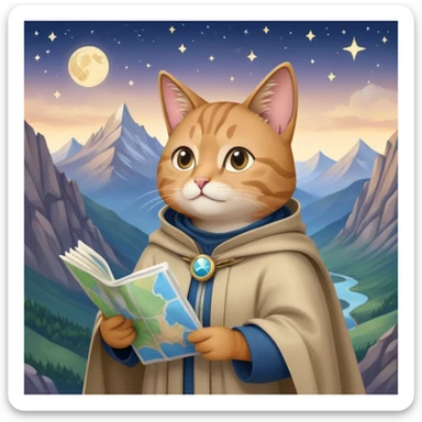 Explorer cat holding a map, mountains and stars in background, wearing light explorer clothing with flowing cloak, looking into distance sticker