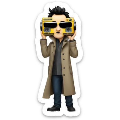 john-cusack-holding-boombox-above his head wearing trench coat  sticker
