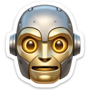 Cinematic Cute Mighty Iron Golem Portrait Emoji Head tilted playfully and inquisitively, featuring a sleek yet sturdy metal form with smooth, polished steel plating and glowing golden engravings, accented by faintly humming energy veins that pulse with life; rendered with lifelike clarity and soft, natural reflections, high shine, charming yet robust, styled with a touch of whimsical fantasy, soft glowing outline, capturing the essence of a watchful yet endearing golem, as if it might shift its massive head with a slow, thoughtful nod at any moment! sticker