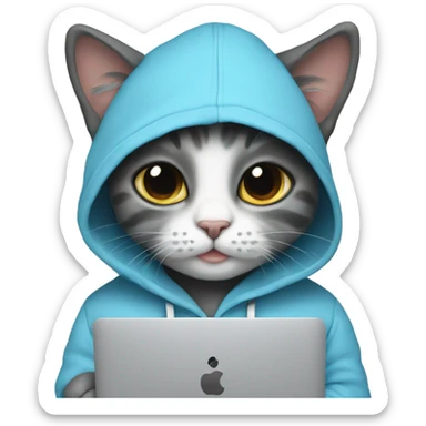 Cat wearing baby blue hoodie and a black MacBook sticker