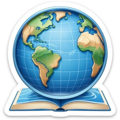 an icon featuring an earth with attitude and longitude lines, a textbook, and a topographic map, symbolizing geography as a science. The design includes a compass, mountain ranges, and rivers, representing the study of Earth's features and landscapes. Transparent background highlights geography. sticker