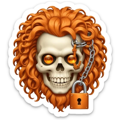 cinematic realistic steampunk Megadeth iconic skull mascot with a padlock in his teeth, orange curly huge hair sticker