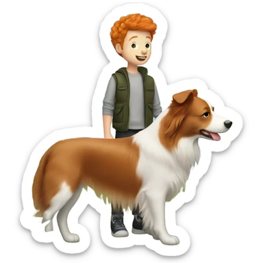 Ginger boy with ginger border collie dog in nature sticker