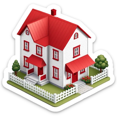 Red and white farmhouse exterior, isometric dollhouse-style, highly detailed  sticker