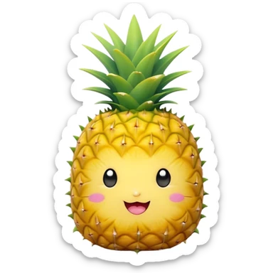 Cute Kawaii Pineapple, tiny and round, bright golden yellow with a spiky green top, chubby cheeks, playful winking expression, soft pastel textures, sweet and tropical vibes! sticker