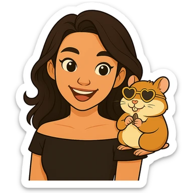 Remove the background and make it transparent. Keep the woman and her hamster with heart-shaped sunglasses as the focus, maintaining a modern, clean, warm style. sticker