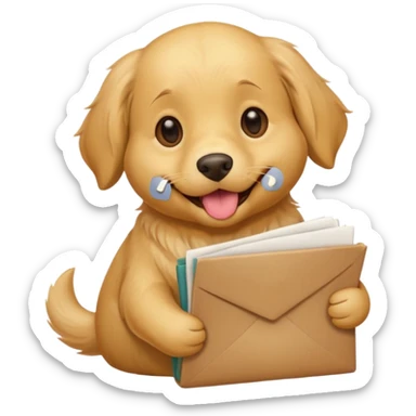 cute golden retriever emoji holding several resumes in its mouth, happy and proud, no hands, simple bold lines, apple emoji style sticker
